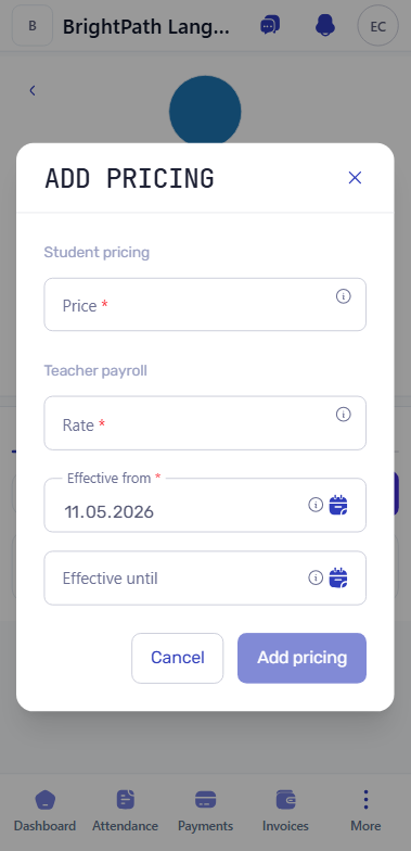 Add pricing form with student price, teacher rate, effective date, and optional end date fields
