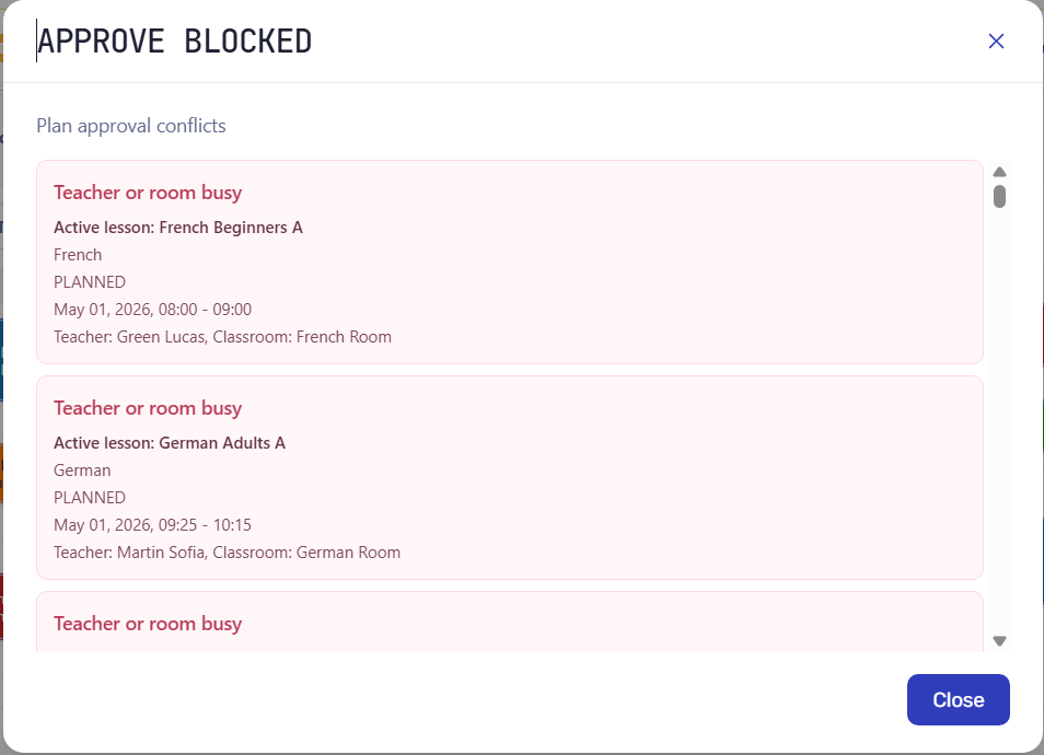 Schedule approval conflict modal showing overlapping active lesson, date, teacher, and classroom