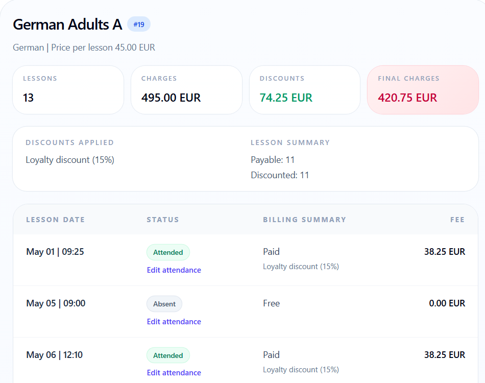 Student invoice section showing attended and absent lesson statuses, billing summary, discounts, and final charges