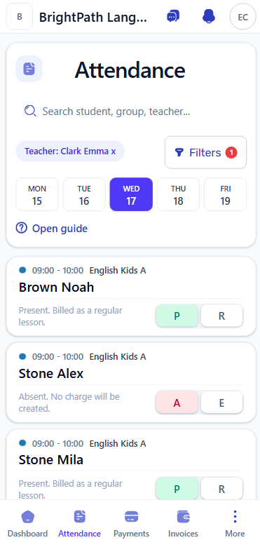Mobile attendance screen for Jun 17 showing Emma Clark's English Kids A lesson and student attendance statuses