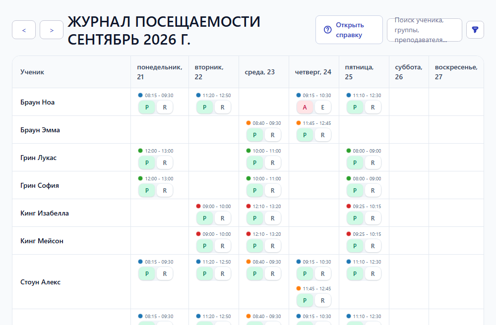 Журнал посещаемости: даты уроков, ученики и отметки