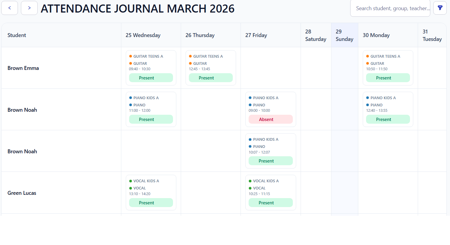 Attendance workflow inside the lesson schedule