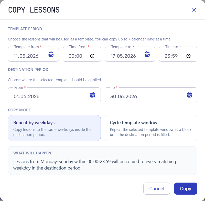 Copy lessons modal with source period, target period, time range, and copy mode