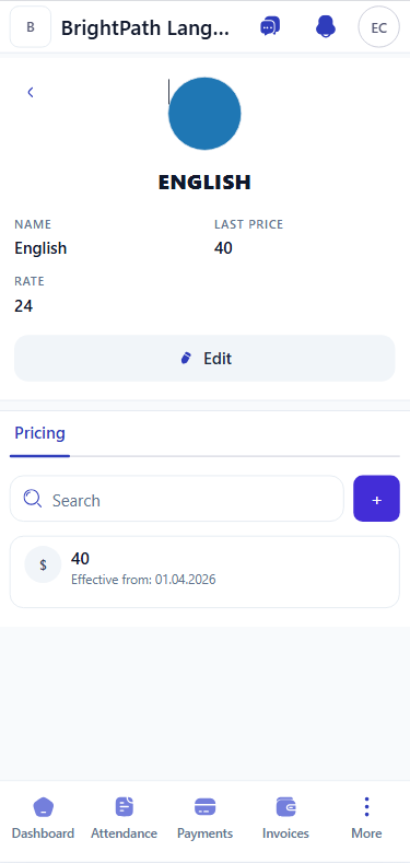 Course pricing history showing English price 40 EUR effective from 01.04.2026