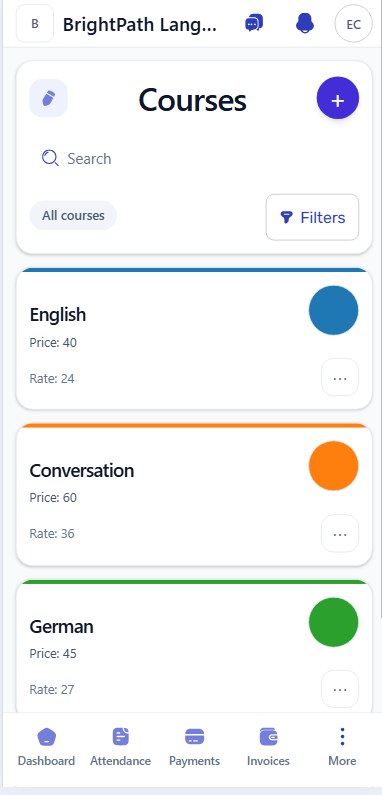 Course pricing screen for reviewing student lesson prices before invoice calculation