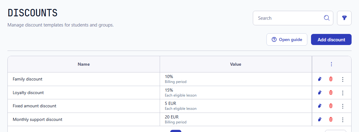 Four discount templates showing percentage or currency values and their calculation bases