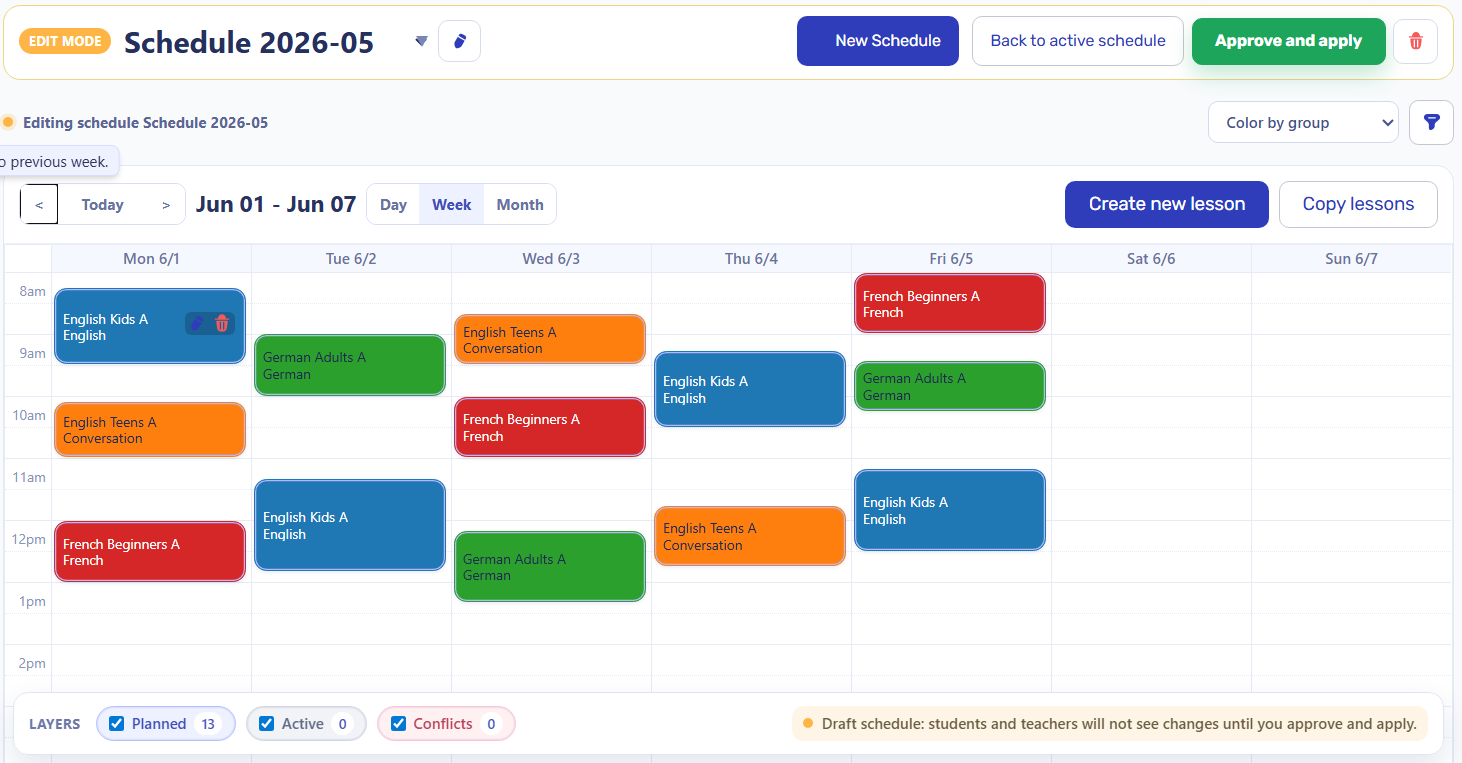 Draft schedule screen with planned lessons, active lesson layer, and approve and apply action