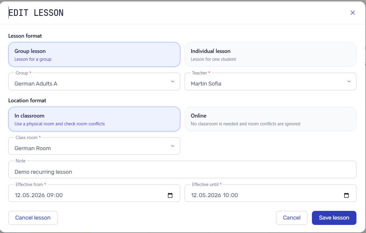 Create lesson form with teacher, group, lesson type, classroom, date, time, and notes