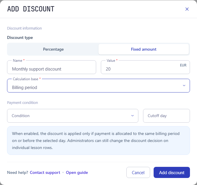 Add discount form with a 20 EUR fixed amount and Billing period as the calculation base