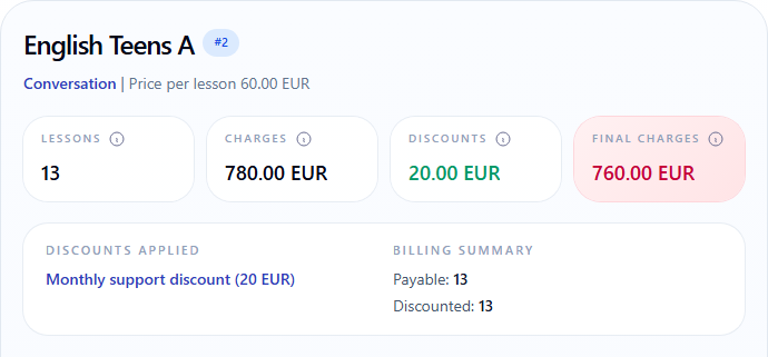 Emma's Conversation invoice block with 13 lessons, 780 EUR charges, 20 EUR discount and 760 EUR final charges
