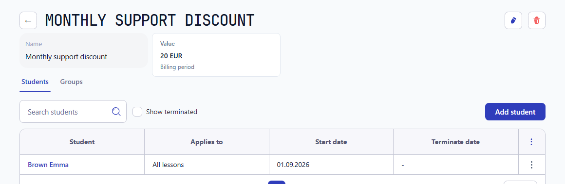 Monthly support discount profile showing Emma Brown's All lessons assignment from 1 September 2026