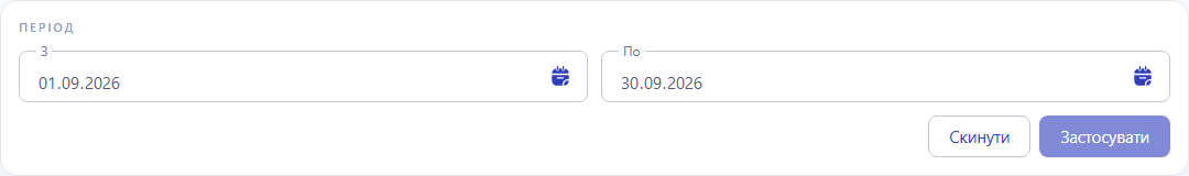 Фільтр огляду доходів: з 1 по 30 вересня 2026 року, кнопки «Скинути» та «Застосувати»