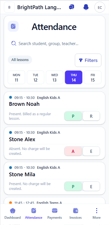 Mobile attendance list with lesson cards, student names, status controls, and billing treatment controls