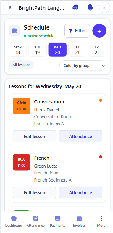 Mobile daily schedule screen showing lessons with course, teacher, group, and attendance action