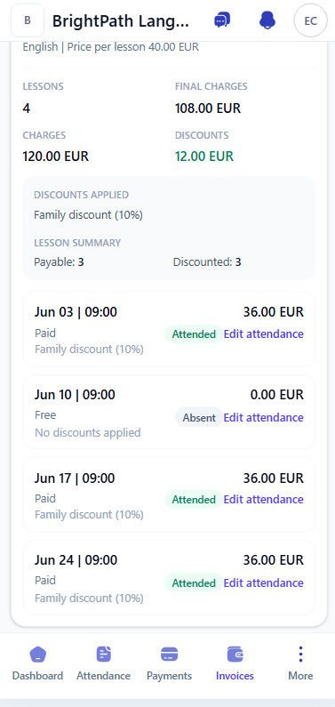 Mobile invoice lesson rows showing paid lessons, a free absent lesson, and family discount details