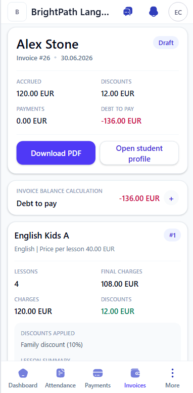 Mobile invoice profile showing Alex Stone invoice summary, discount, and debt to pay