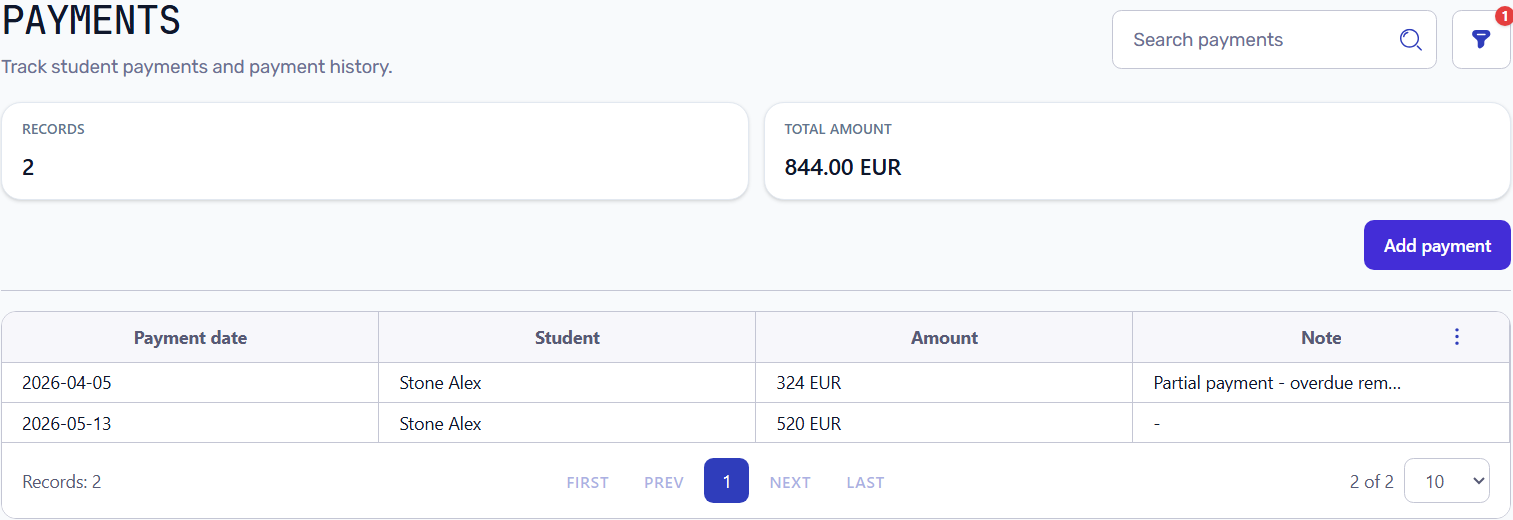 Payments list filtered to Alex Stone showing two payments totaling 844 EUR