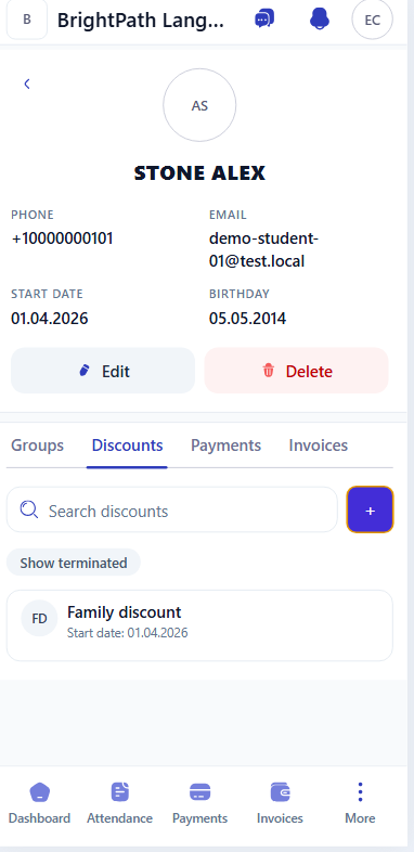 Student discount screen showing Family discount assigned from 01.04.2026