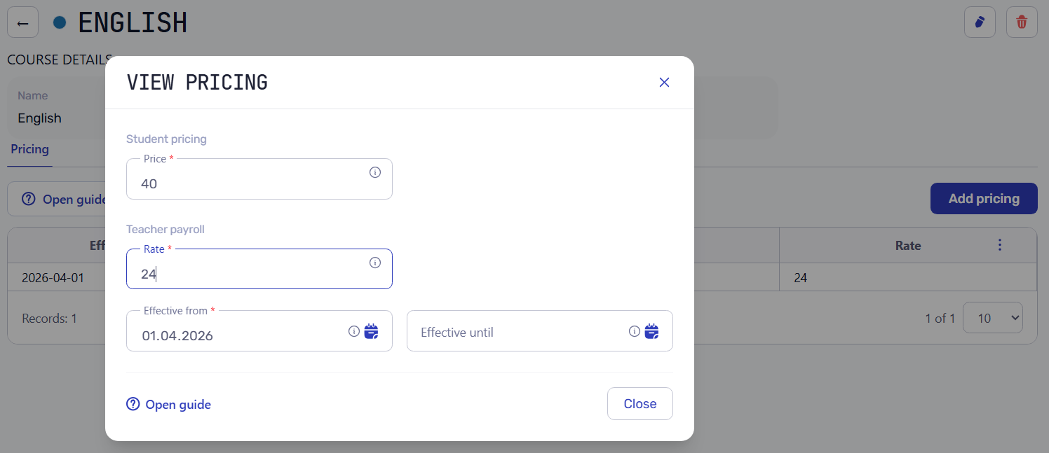 Course pricing modal showing student price of 40 EUR and teacher payout rate of 24 EUR