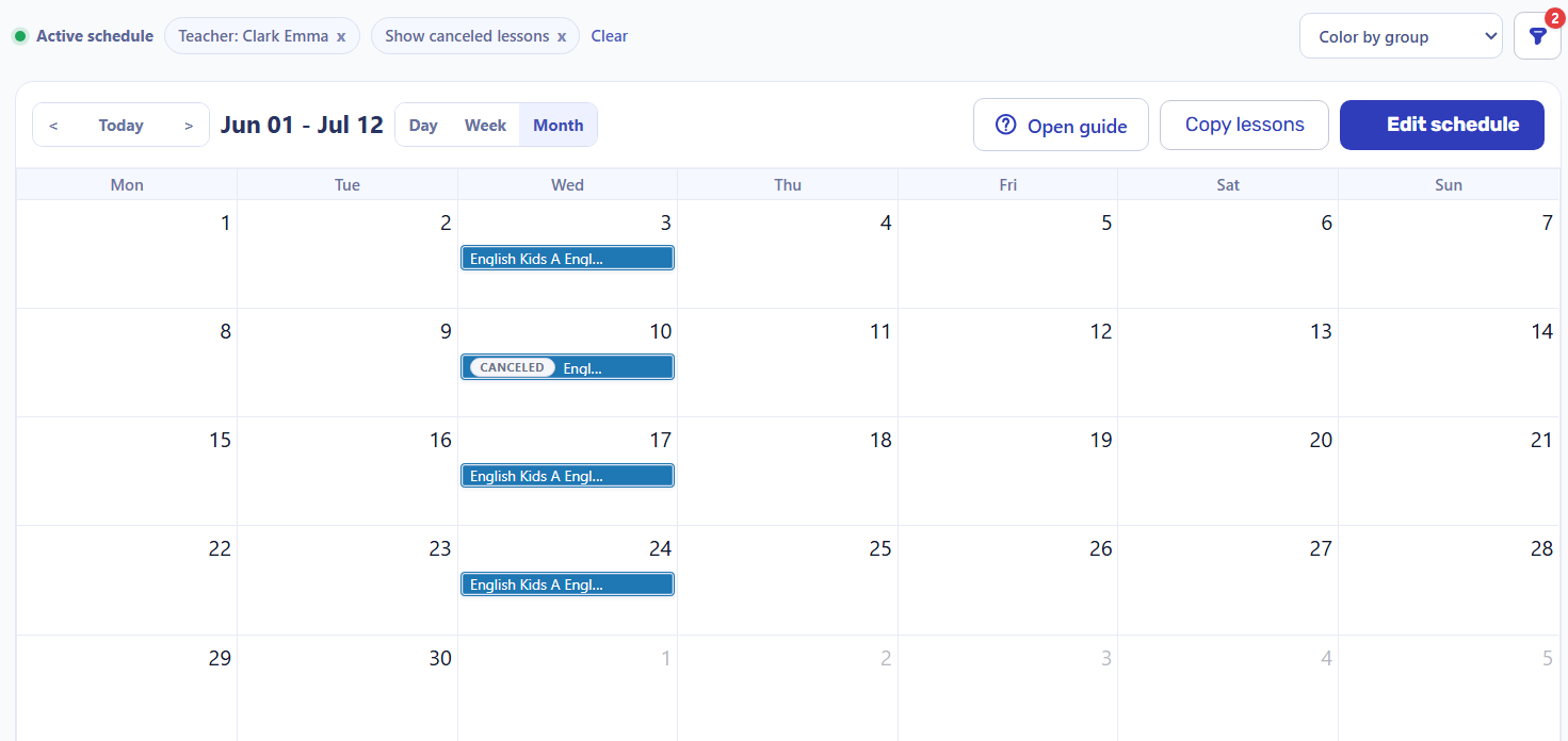 Schedule month view filtered by teacher Emma Clark showing four June lessons and one canceled lesson