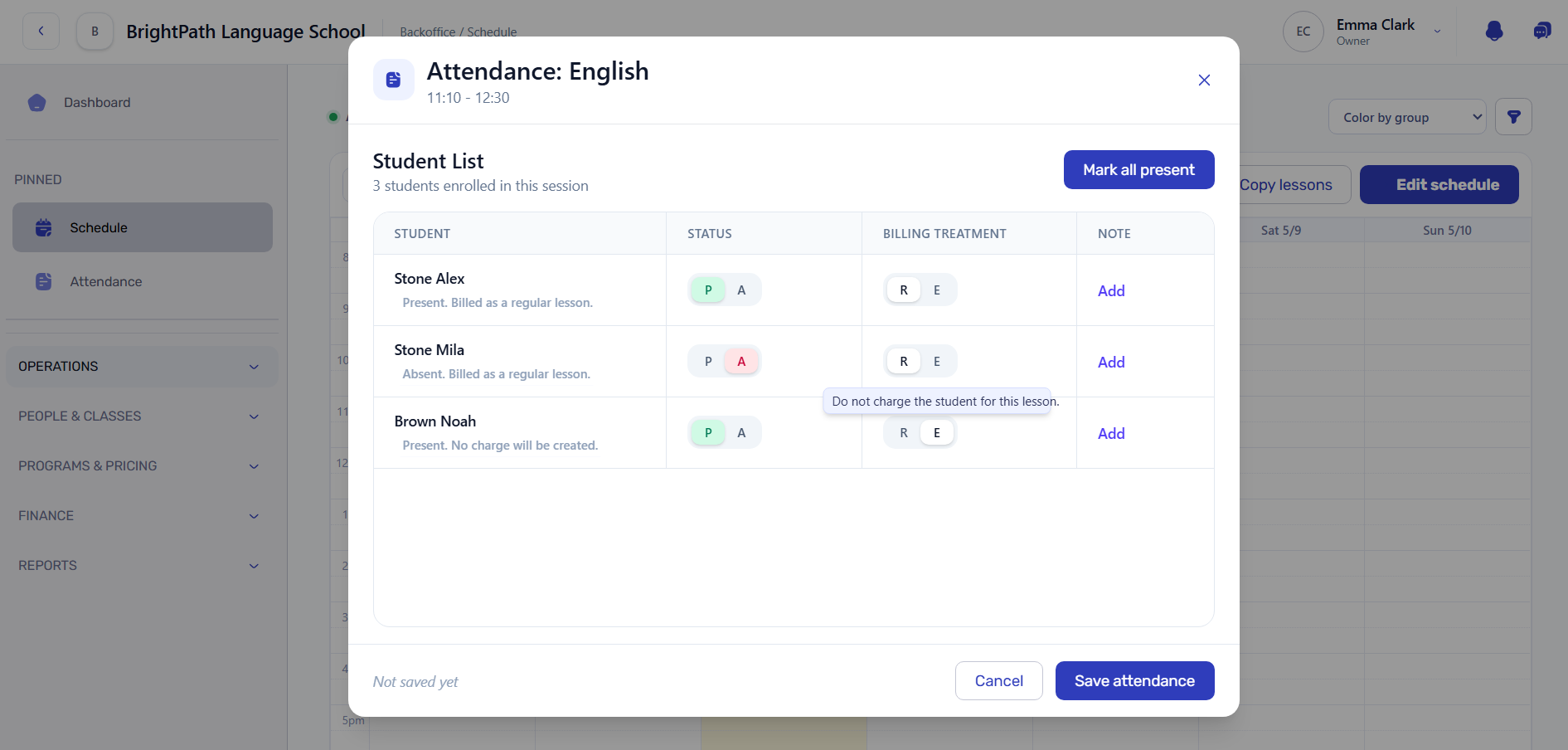 Attendance and billing treatment recorded once for a lesson