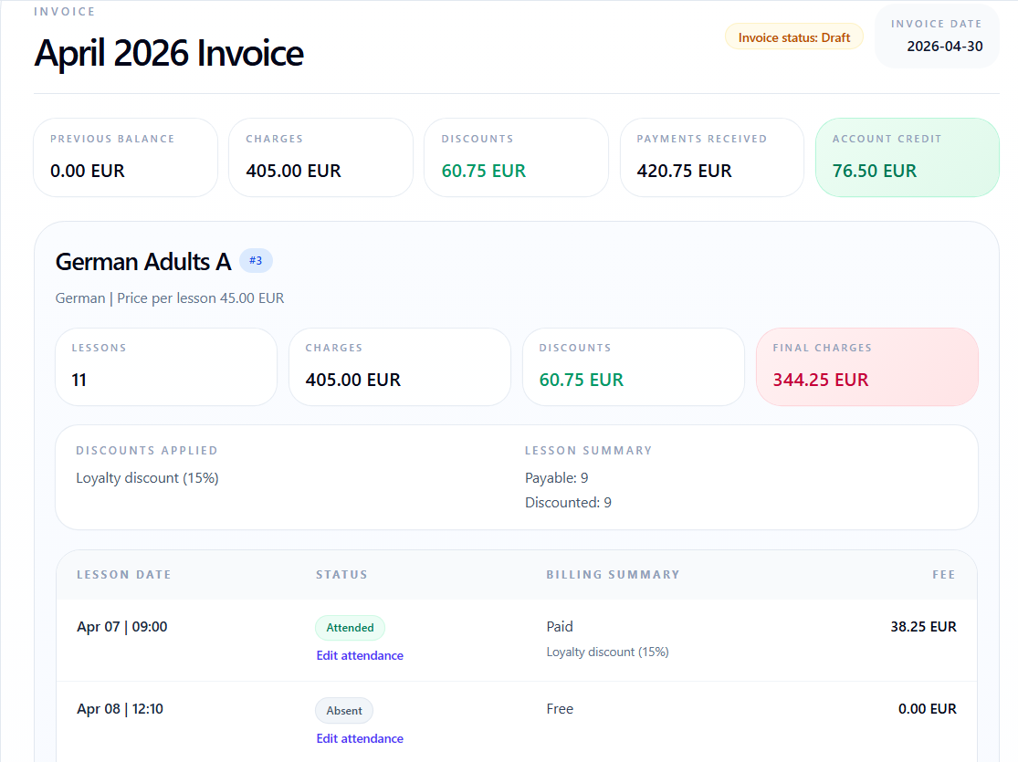 Invoice built from lessons, discounts, attendance and payments