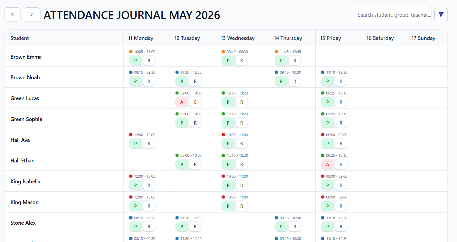 Attendance journal with weekly lesson columns and student attendance marks.
