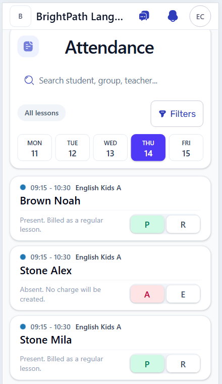 Mobile attendance list with lesson cards and quick present or absent controls.
