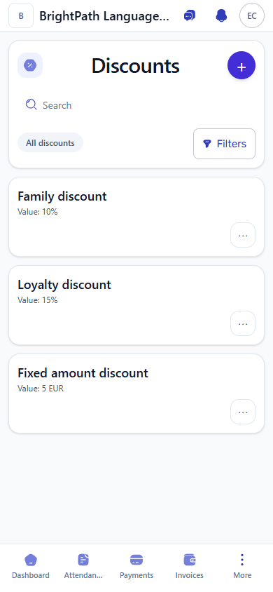 Mobile list of percentage and fixed-amount student discount templates