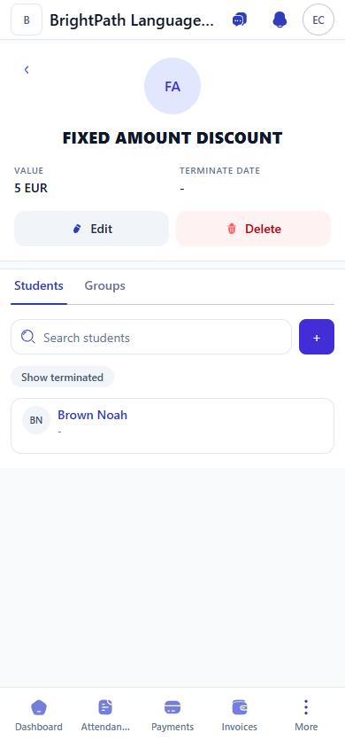 Mobile fixed-amount discount profile showing a 5 EUR value and an assigned student