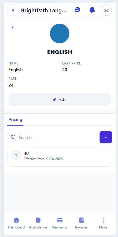 Mobile course profile showing last price, teacher rate, and pricing history.
