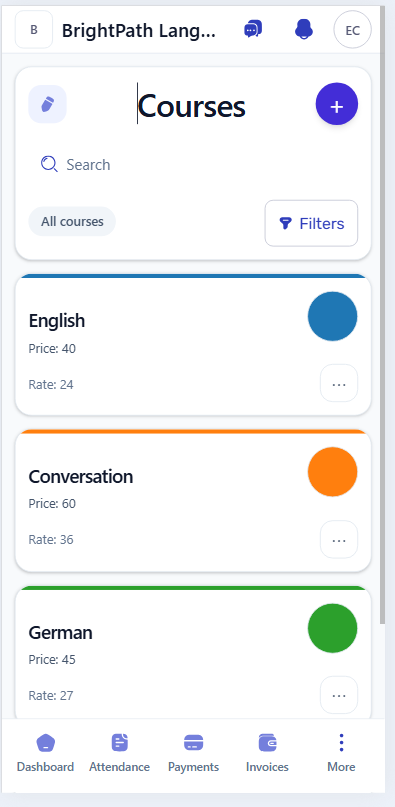 Mobile courses list showing course names, prices, teacher rates, and colors.