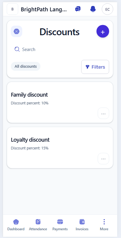 Mobile discount templates list showing family discount and loyalty discount percentages.