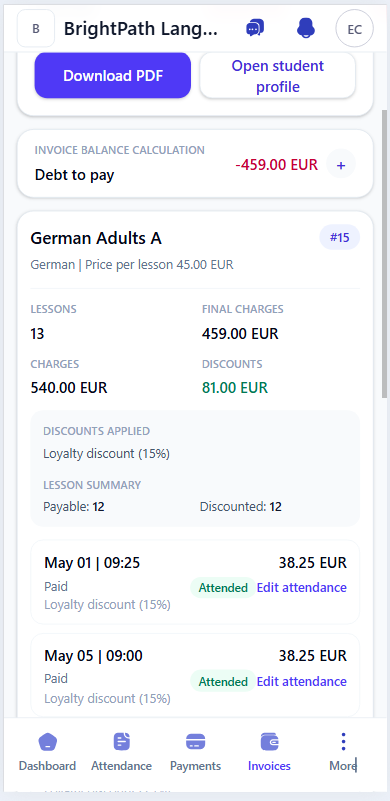 Mobile invoice screen showing discount applied, final charges, and lesson charges.