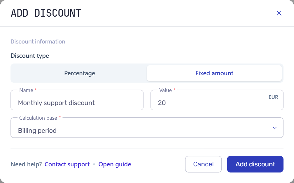 Форма знижки з фіксованою сумою 20 EUR та базою Billing period