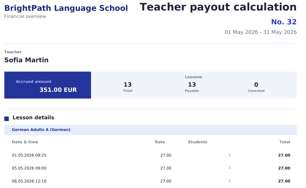 Teacher payout calculation report showing accrued amount, payable lessons, rates, and lesson details.