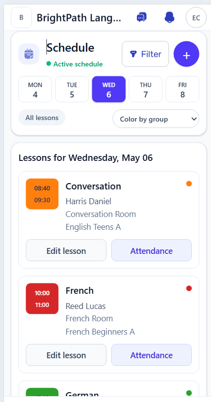 Mobile schedule showing daily lesson cards with edit and attendance actions.
