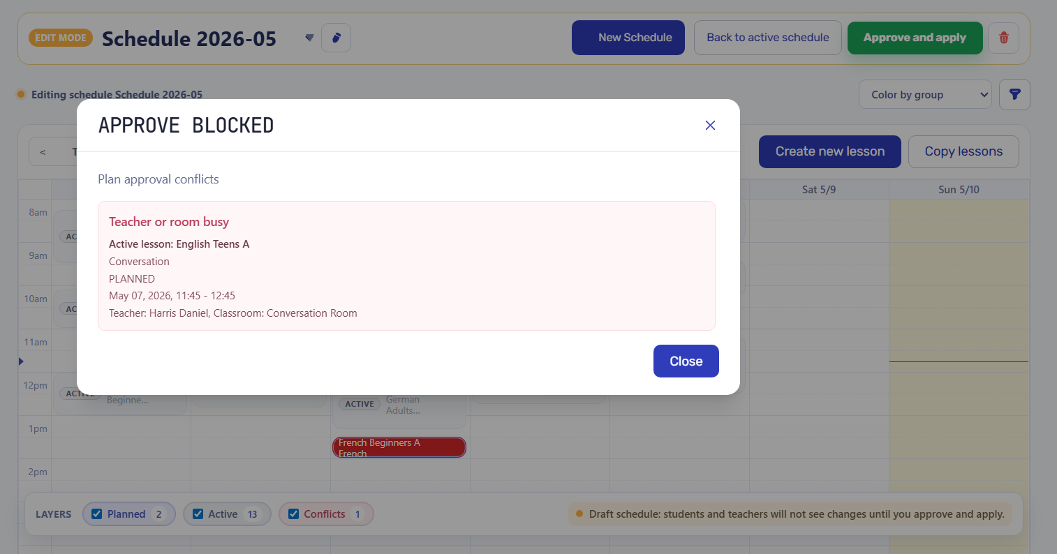 Approval blocked modal explaining a teacher or room conflict.