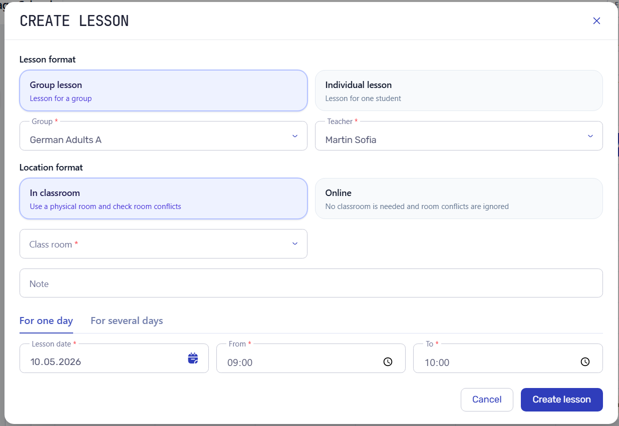 Create lesson modal with group, teacher, room, date, and time fields.