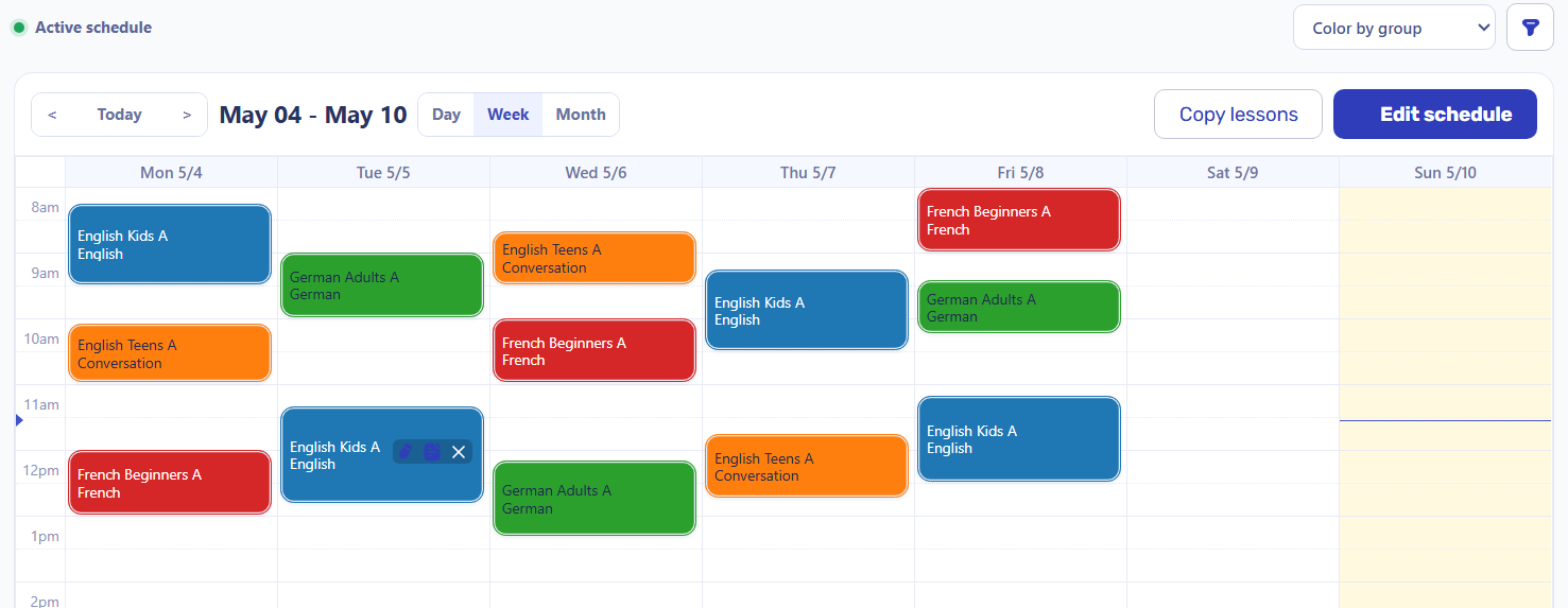 Active weekly schedule with lessons grouped by day, time, and color.
