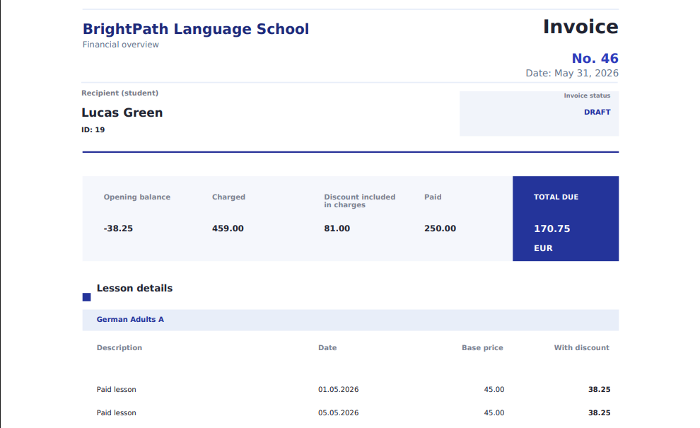 PDF invoice preview with student, totals, total due, and lesson details.