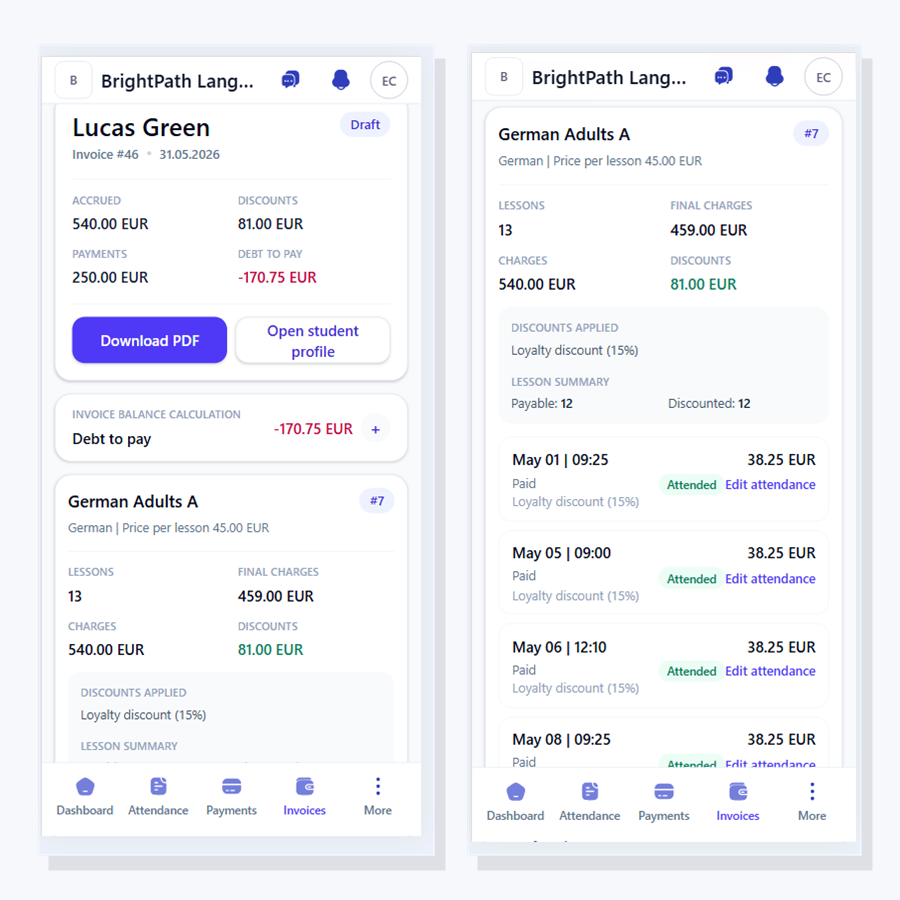 Two mobile invoice screens showing summary, debt to pay, lesson charges, and attendance details.