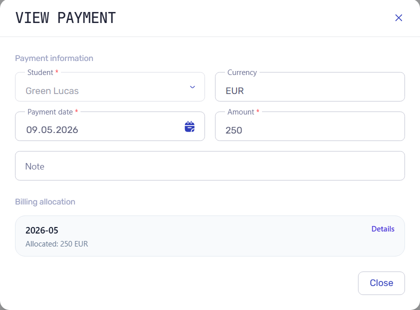 Payment modal showing student, payment date, amount, currency, and billing allocation.