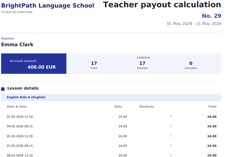 Teacher payout calculation PDF with accrued amount and lesson details.