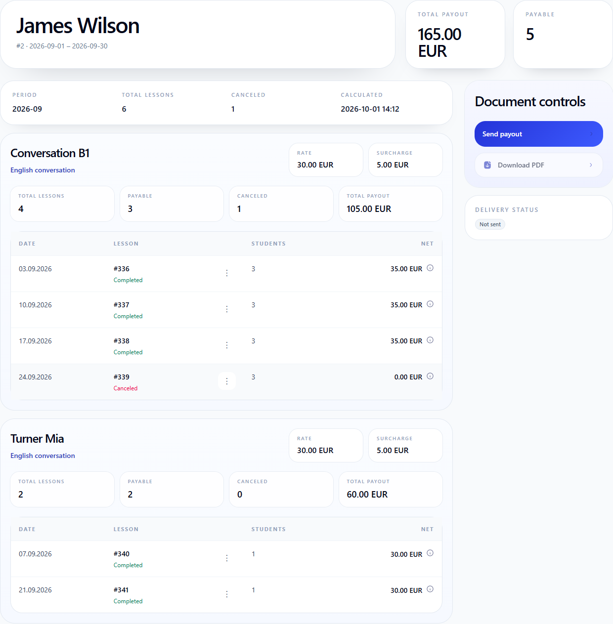 Tutor payout statement built from completed tutoring lessons