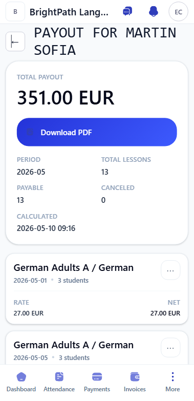 Mobile teacher payout profile with total payout and lesson rows.