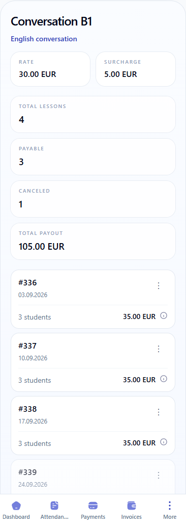 Mobile payout block for Conversation B1 with rate, supplement, lesson cards and a 105 EUR subtotal.