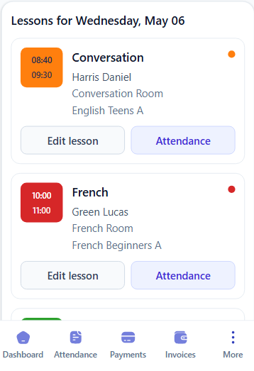 Mobile scheduling workflow with lesson cards