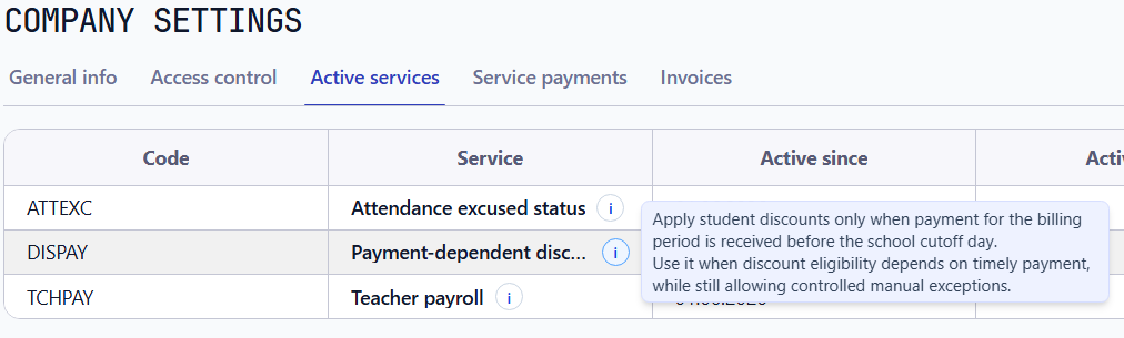 Active services table showing payment-dependent discounts enabled for a training center