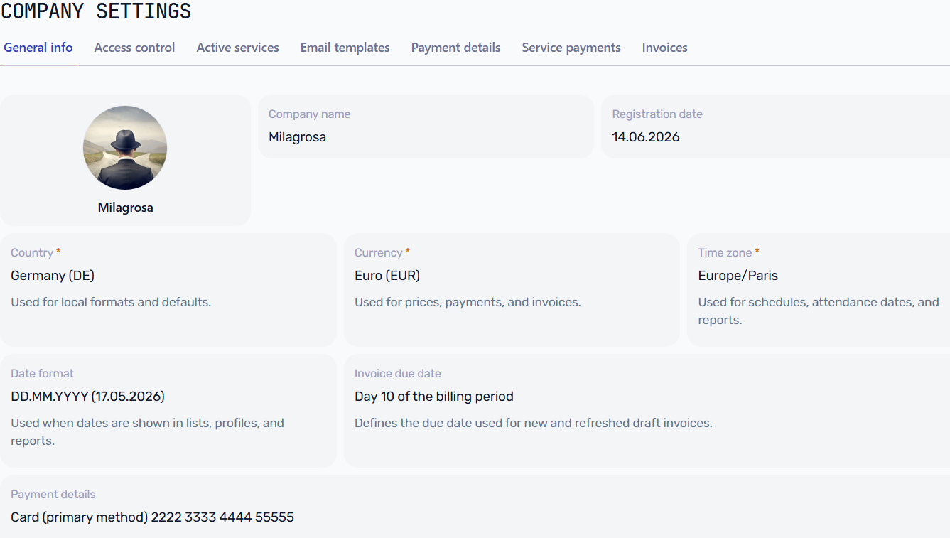 Company settings з правилом дати оплати рахунка і стандартними реквізитами